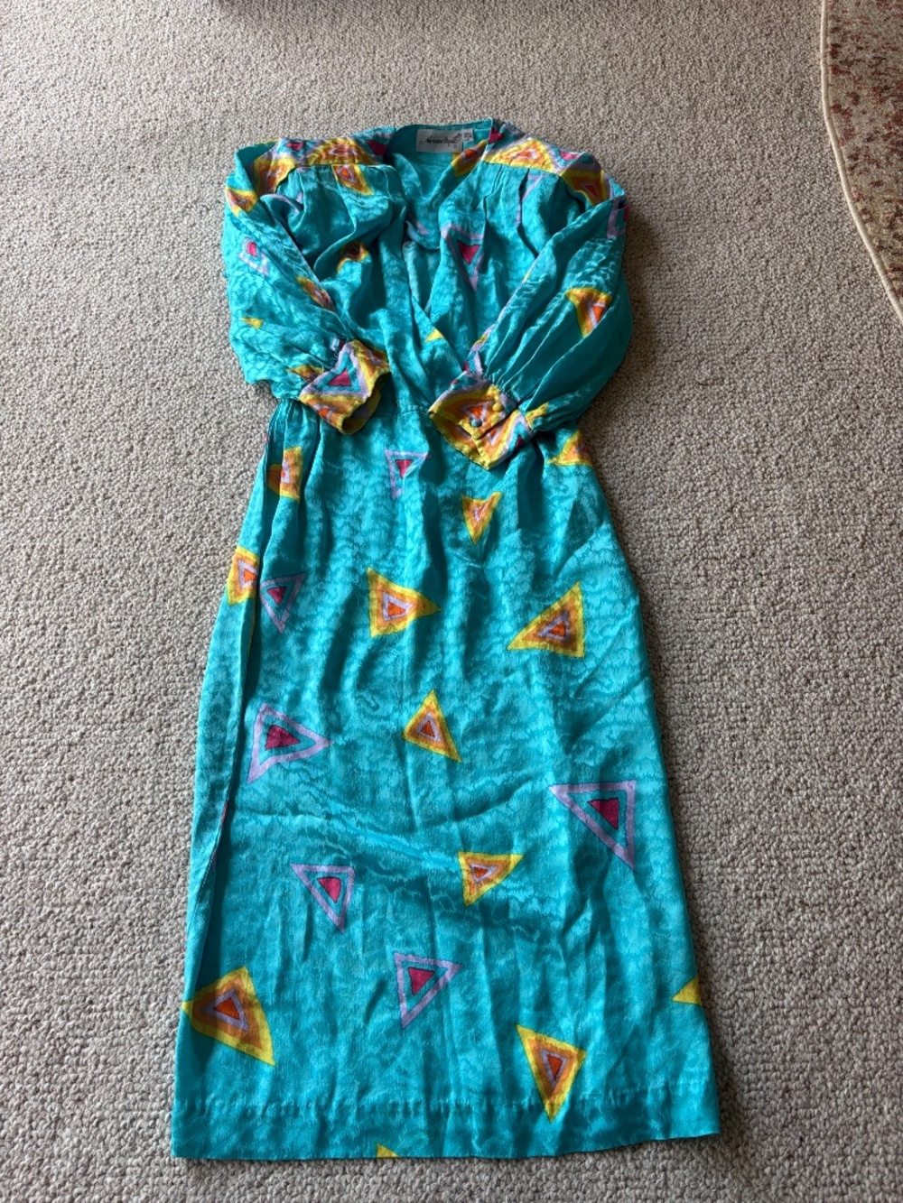 Vintage Adrianna Papell Silk Dress 6 Teal 80s 90s Retro Glam Geometric Chic